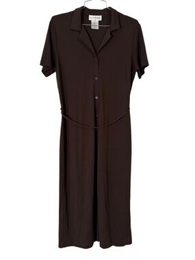 Vintage Rena Rowan Brown Button Down Short-Sleeve Midi Shirt Dress Size M